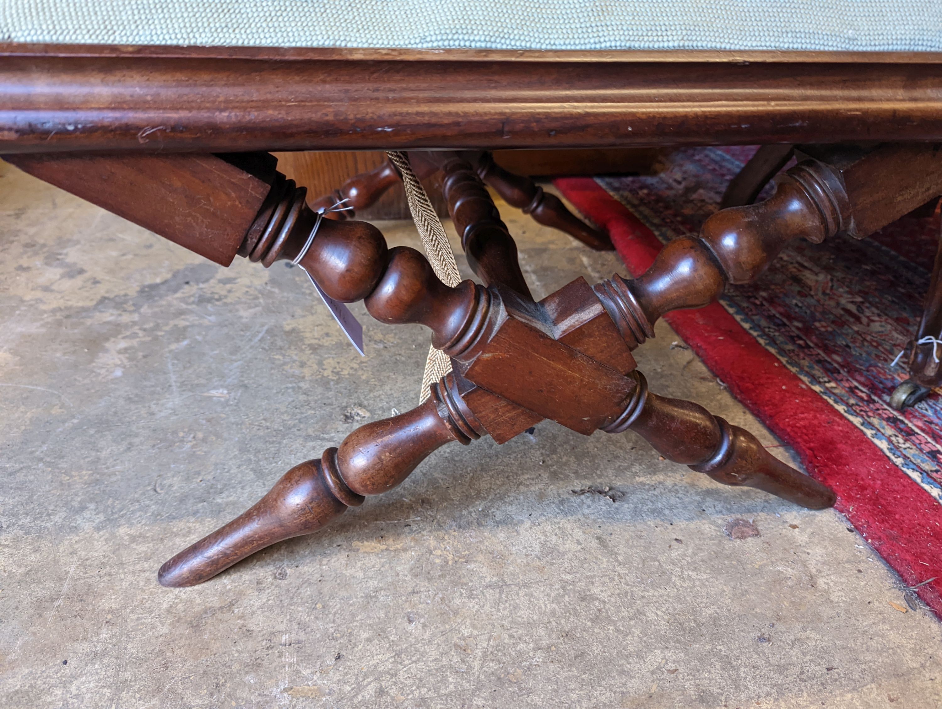 A Victorian mahogany X frame stool with tapestry top, length 65cm, depth 65cm, height 36cm